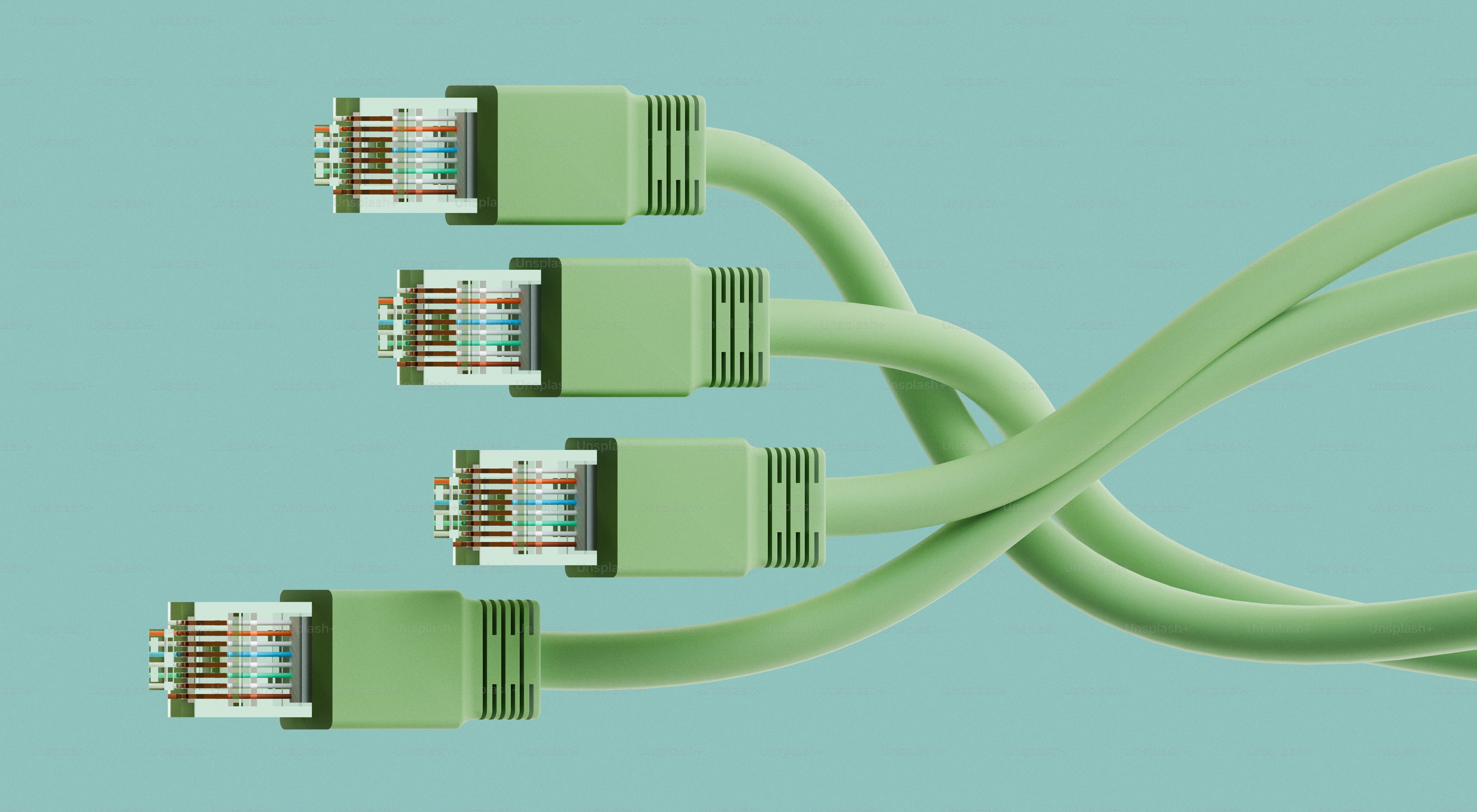 Four green ethernet cables intertwined on a teal background